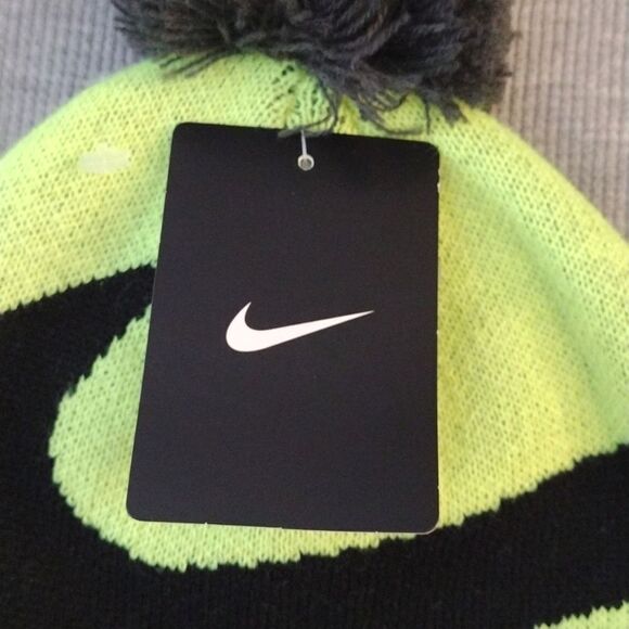NIKE Big Kid's Volt Yellow Black Swoosh Pom Pom Knit Beanie NWT - Picture 6 of 15